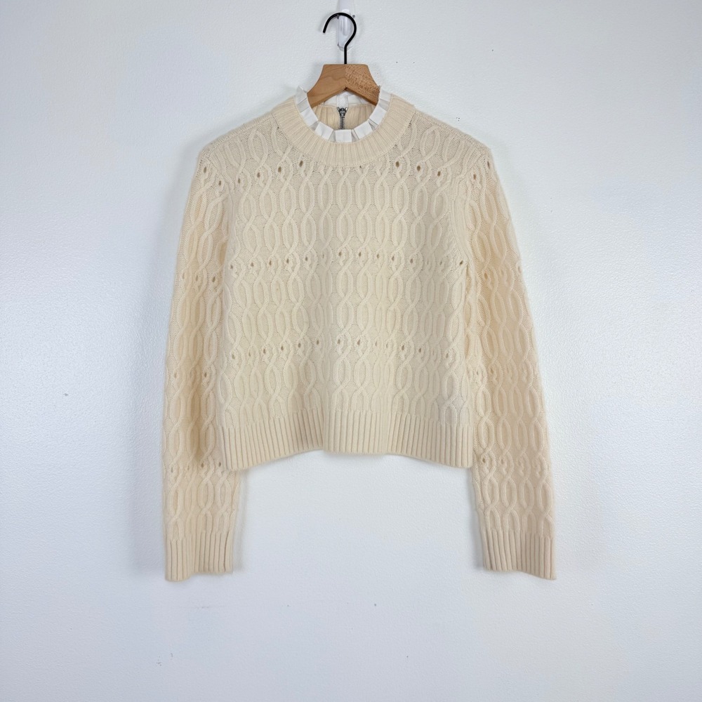 Club Monaco Wool Sweater Womens L Cream Pointelle Cable Knit Ruffle Zip Preppy